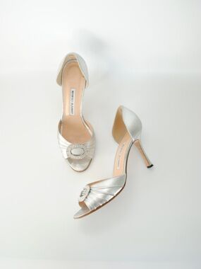 Manolo Blahnik Silver Leather D'Orsay Peep-Toe Heels with Crystal Buckle